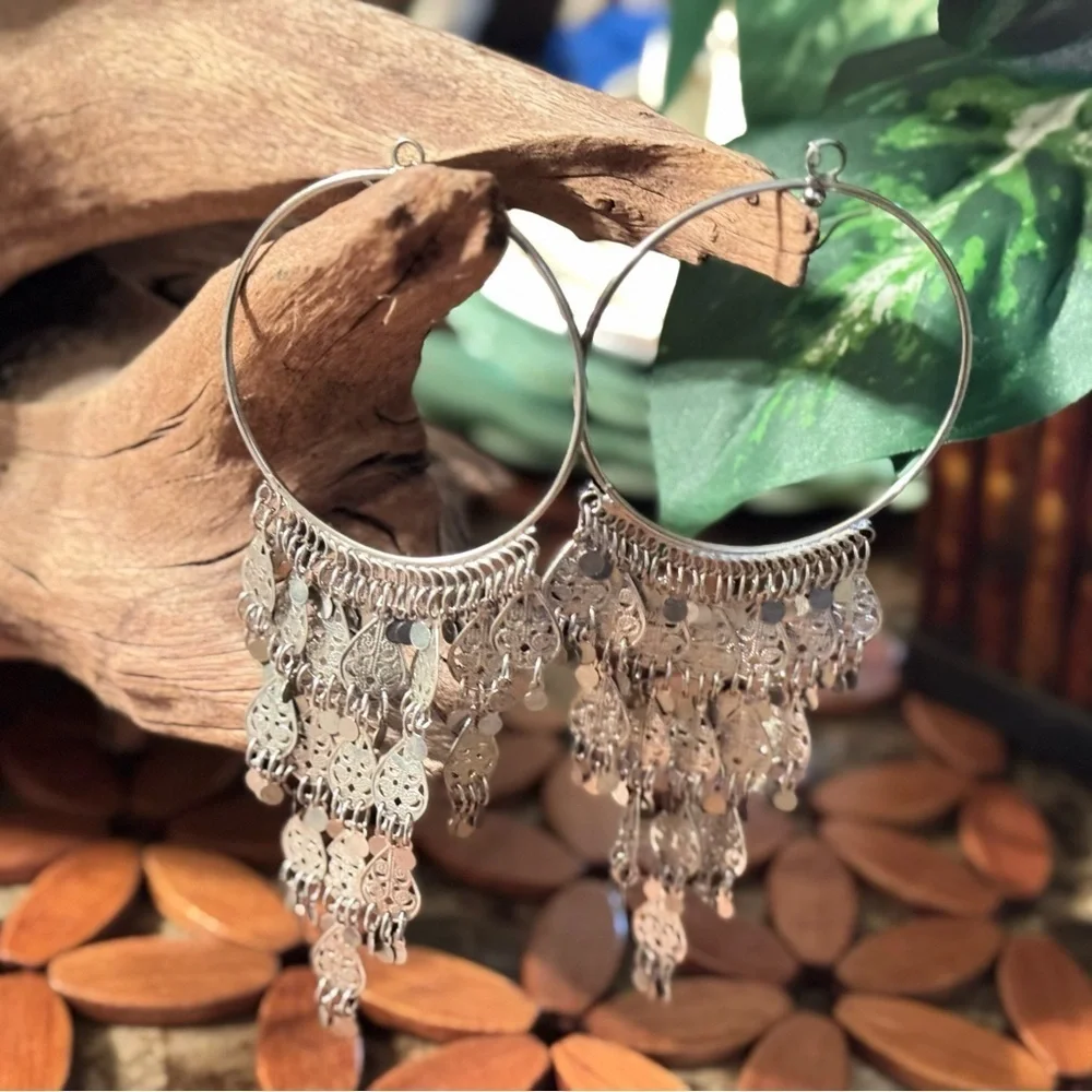 Silver Hoop Chandelier Earrings with Dangle Charms